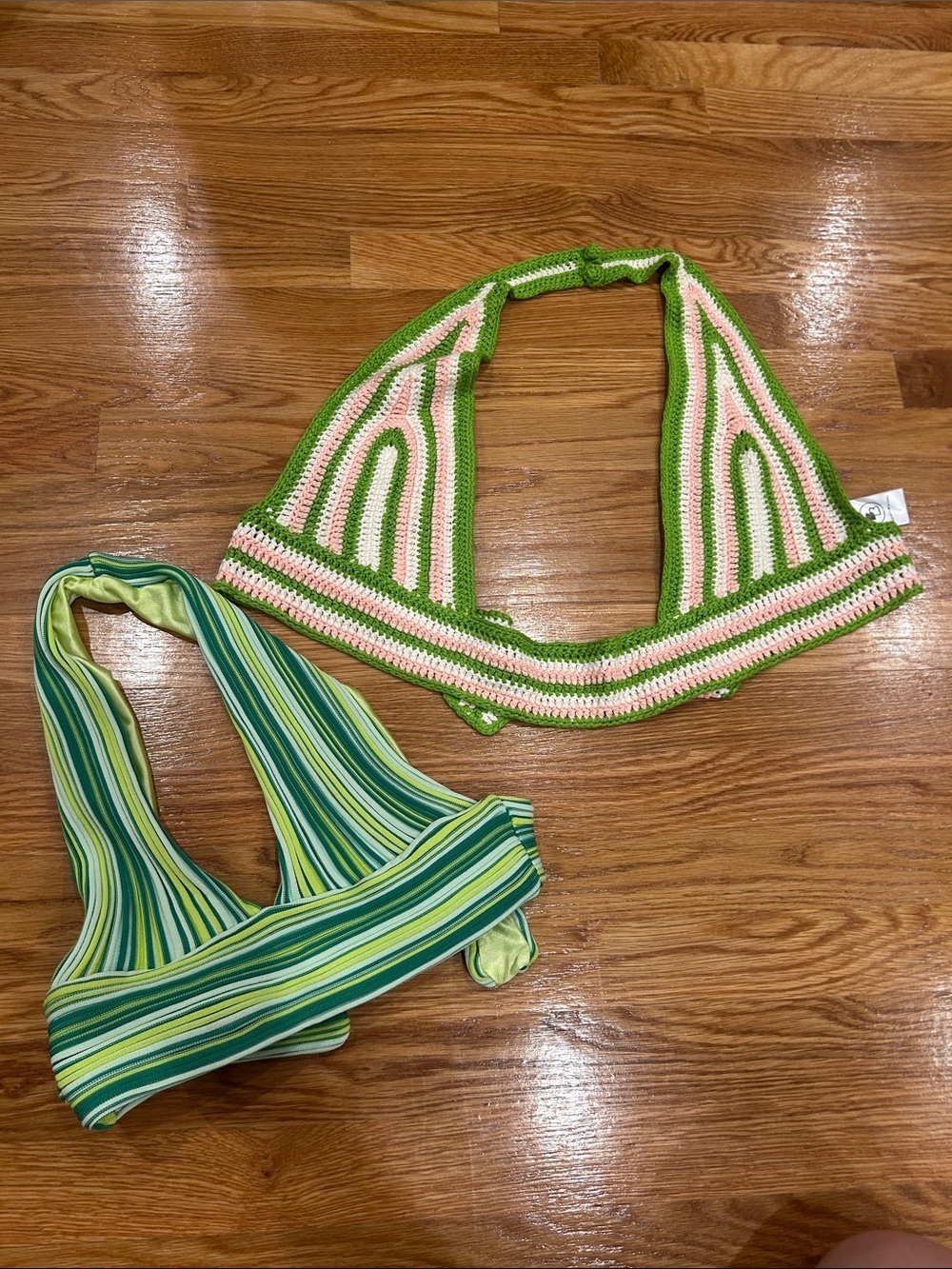 Beginning Boutique bundle 2 crop green striped & crochet Halter Top size 6